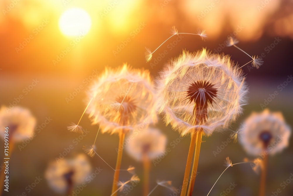  a close up of a bunch of dandelions with the sun in the background and a field in the foreground.