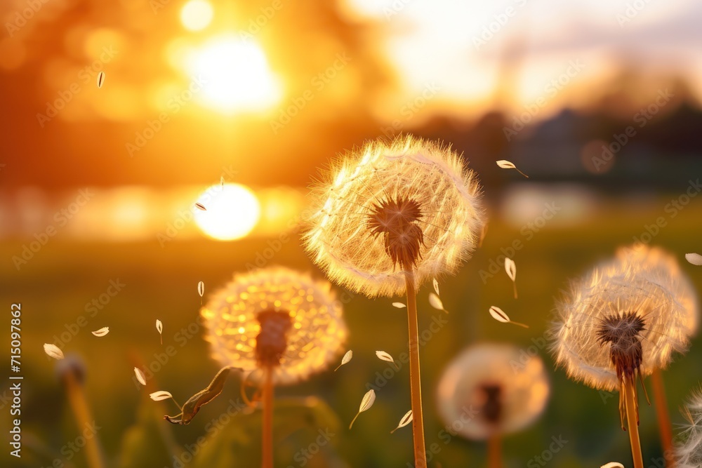 a group of dandelions blowing in the wind in a field of grass with the sun setting in the background. a group of dandelions blowing in the wind in a field of grass with the sun setting in the background.