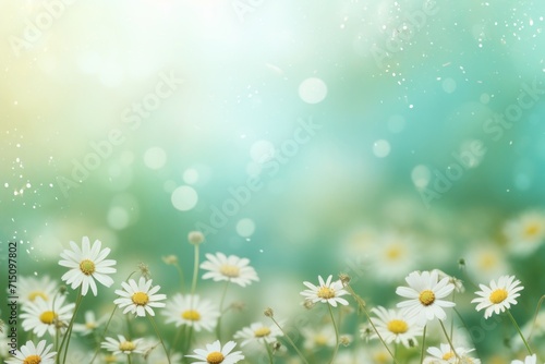  a field full of white daisies with boke of light coming from the top of one of the daisies.