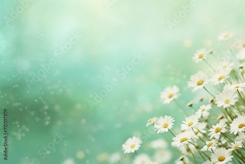  a close up of a bunch of daisies on a blurry background with a blurry sky in the background.