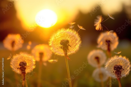  a field full of dandelions with the sun setting in the backround behind the dandelions.