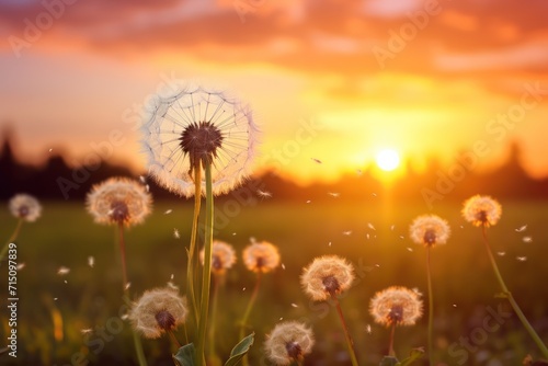  a close up of a dandelion with the sun in the background and a field in the foreground.