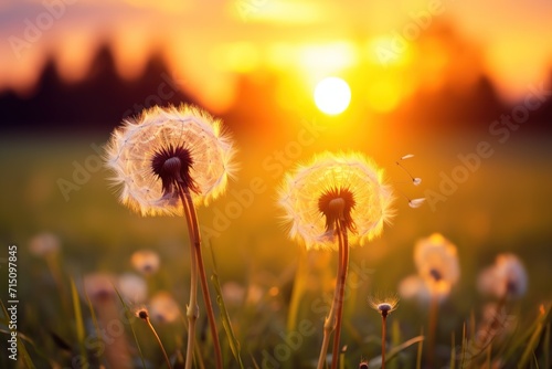  a couple of dandelions sitting in the middle of a field of grass with the sun in the background.