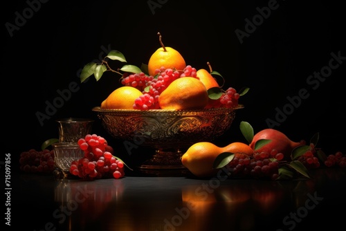 a golden bowl filled with oranges, grapes, and pomegranates on top of a table.