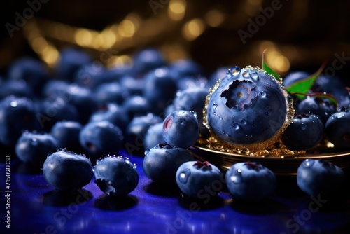  a close up of a blueberry on a plate surrounded by blueberries and other blueberries on a table.