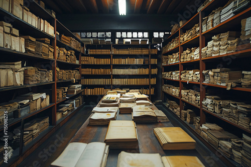 Vintage library with rows of old books. Historical archives concept for education and research. Wisdom preservation and literary heritage.
 photo