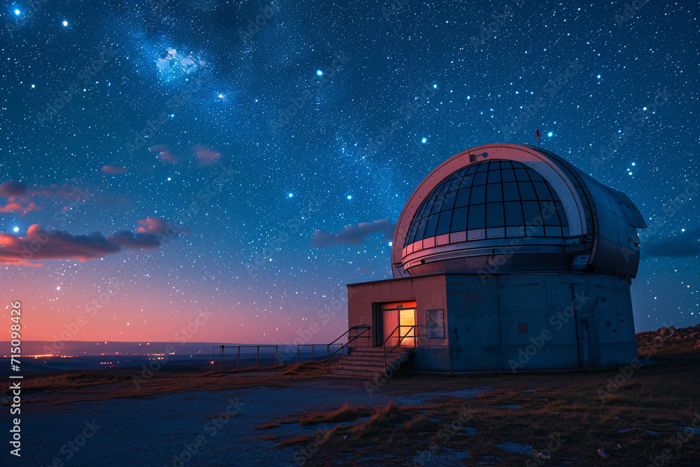Obraz premium Observatory under the stars. Astrophotography location for scientific observation. Astronomy and celestial exploration concept. 