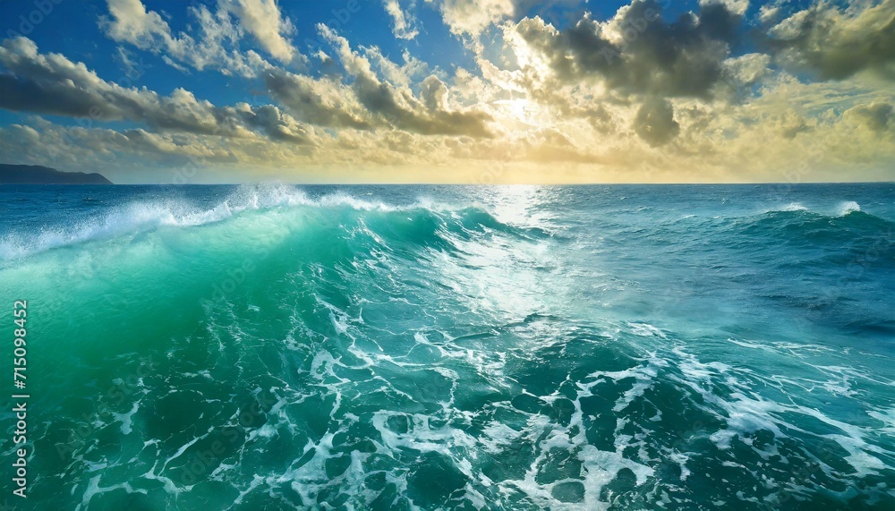 Ocean waves with sun, sky, and clouds in the background