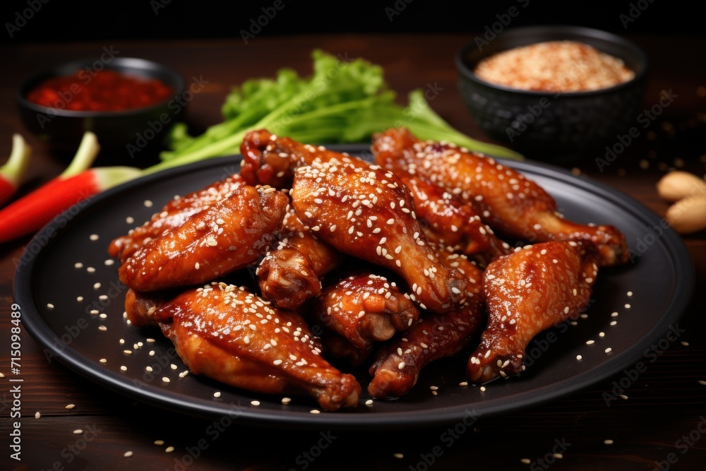 a black plate topped with chicken wings covered in sesame seeds and seasoning next to a bowl of chili and lettuce. a black plate topped with chicken wings covered in sesame seeds and seasoning next to a bowl of chili and lettuce.