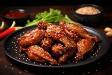  a black plate topped with chicken wings covered in sesame seeds and seasoning next to a bowl of chili and lettuce.