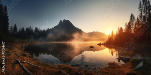 panoramic landscape was a mountain lake in the morning fog against a big mountain at sunset