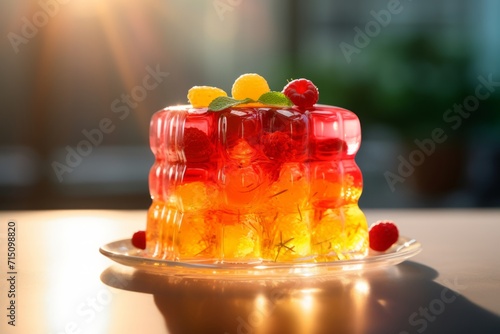 Red yellow jelly adorned with raspberries. Sweet fruit dessert. For use in culinary websites, food blogs, catering services, recipe books, and dessert menus. Light blurred background. photo