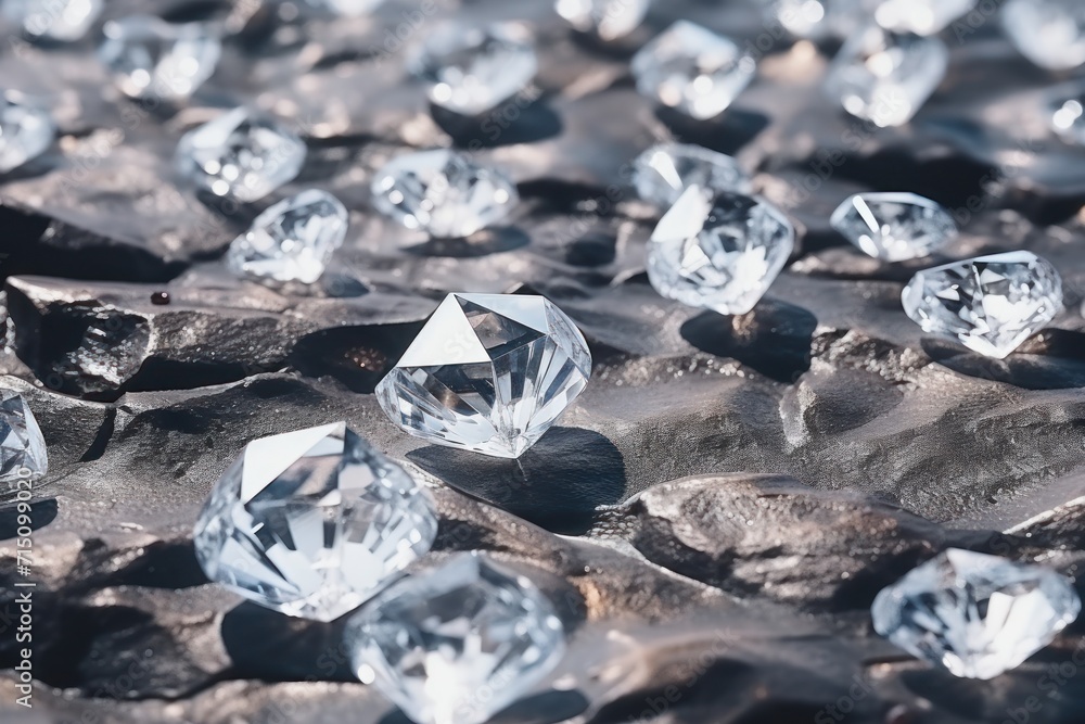  a bunch of diamonds sitting on top of a rock covered in ice cubes on top of a sandy beach.