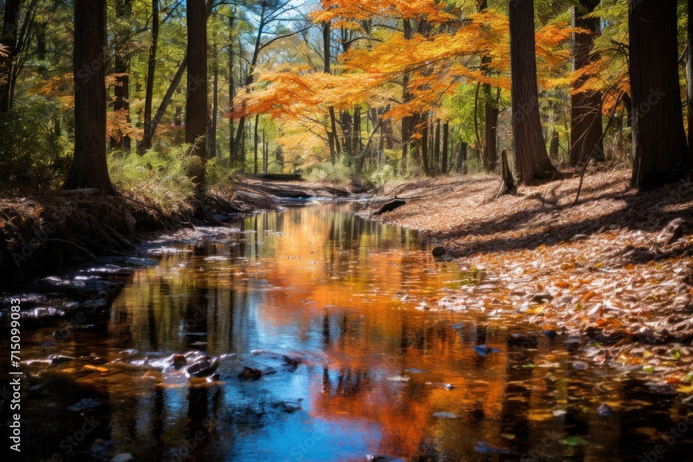 a stream running through a forest with lots of leaves on the ground and trees with orange leaves on the ground. a stream running through a forest with lots of leaves on the ground and trees with orange leaves on the ground.