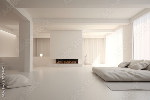  a large white bedroom with a fireplace in the middle of the room and a bed in the middle of the room.