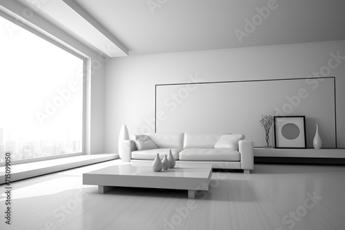  a living room with a white couch and a white coffee table in front of a large window with a city view.