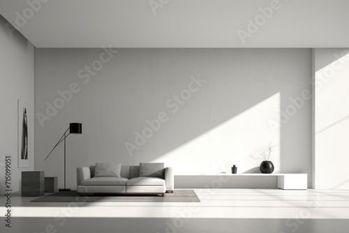  a black and white photo of a living room with a couch  table  lamp  and bookshelf.