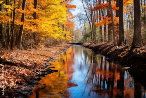  a stream running through a forest filled with trees covered in fall leaves and orange and yellow leaves on the ground.