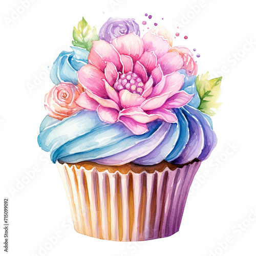 Watercolor cupcakes with cream sweet on a white background.