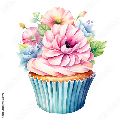 Watercolor cupcakes with cream on a white background.