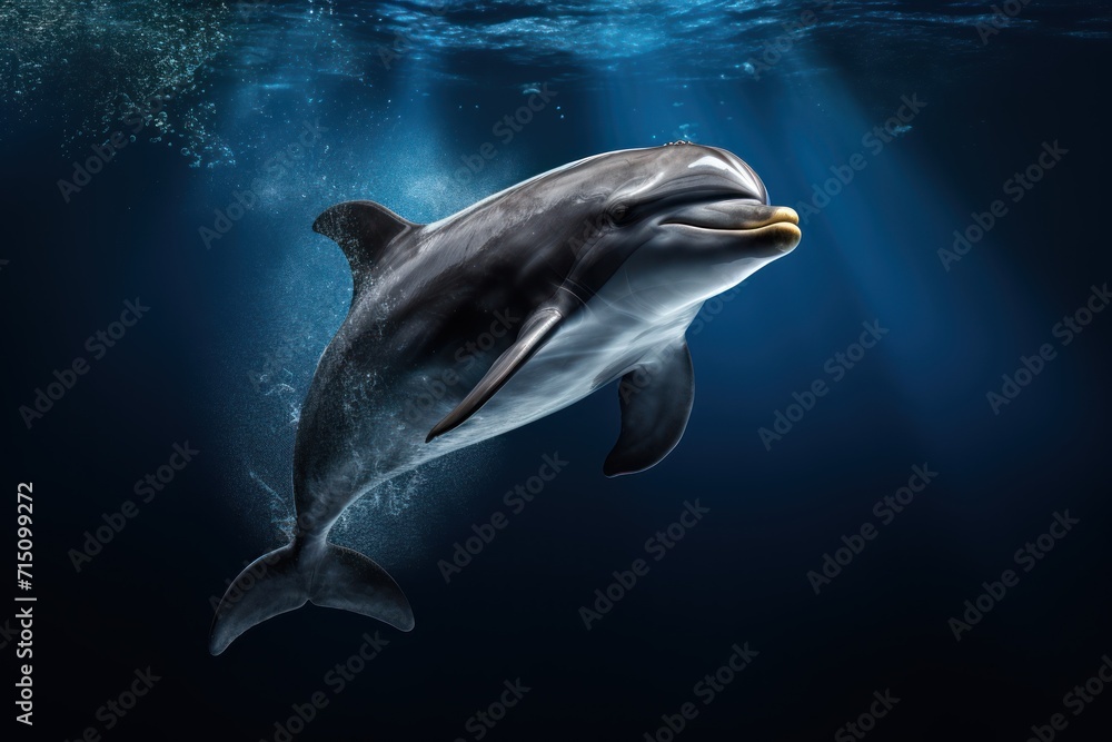  a dolphin swimming in the ocean with its head above the water's surface and sunlight streaming through the water.