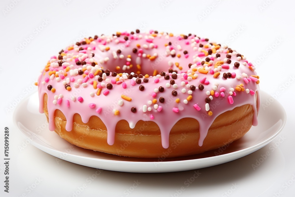 a frosted donut with pink icing and sprinkles on a plate on a white background. a frosted donut with pink icing and sprinkles on a plate on a white background.