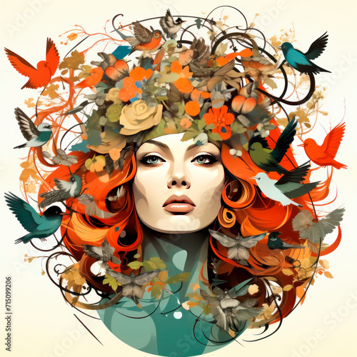Painted portrait of beautiful girl with birds and flowers in her hair. Digital art illustration of woman with flower on her head.