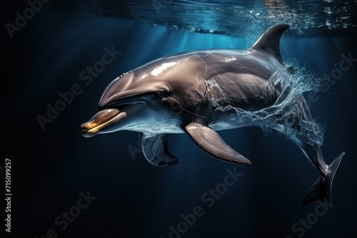  a dolphin swimming in the ocean with a light on it s head and a light on it s mouth.