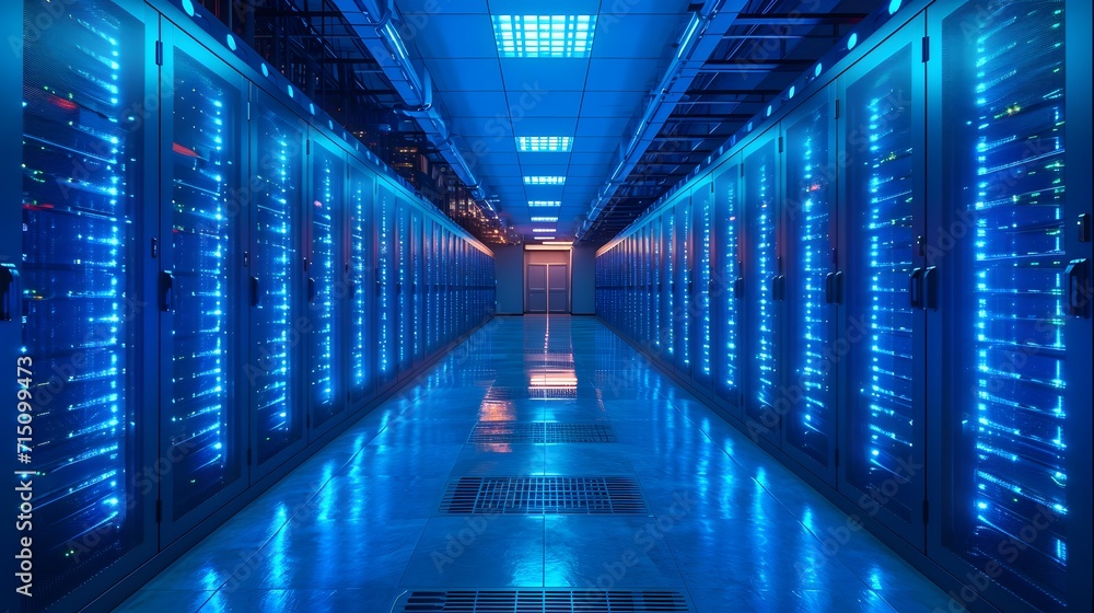 data center with blue lighting and rows of server. light in the tunnel data center with blue lighting and rows of server. light in the tunnel