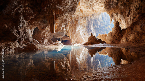 Majestic cave with reflective water. Natural underground landscape for exploration and geology interest. 