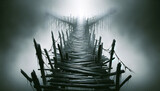 Disturbing and evocative scene, a dilapidated and abandoned wooden bridge that disappears in the dense fog