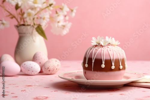  a pink table topped with a cake covered in icing next to a vase filled with white flowers and eggs.