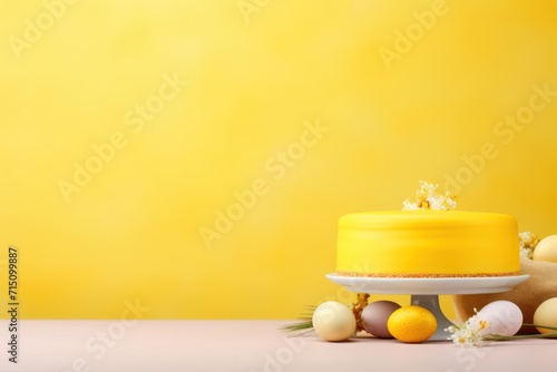  a yellow cake sitting on top of a white plate next to eggs and a radish on a table. photo