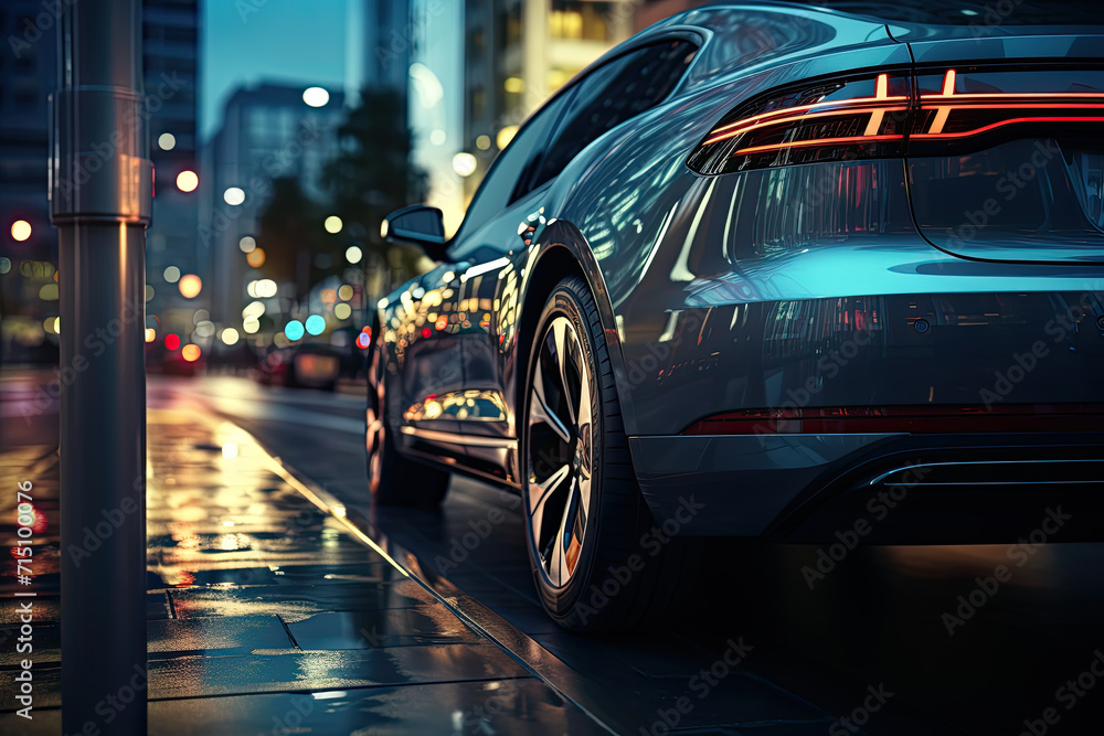 Blue car with red lights on wet street. Street lights are on and there are buildings in background