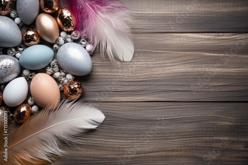  a wooden table topped with lots of different types of eggs and a bird's feather on top of it.