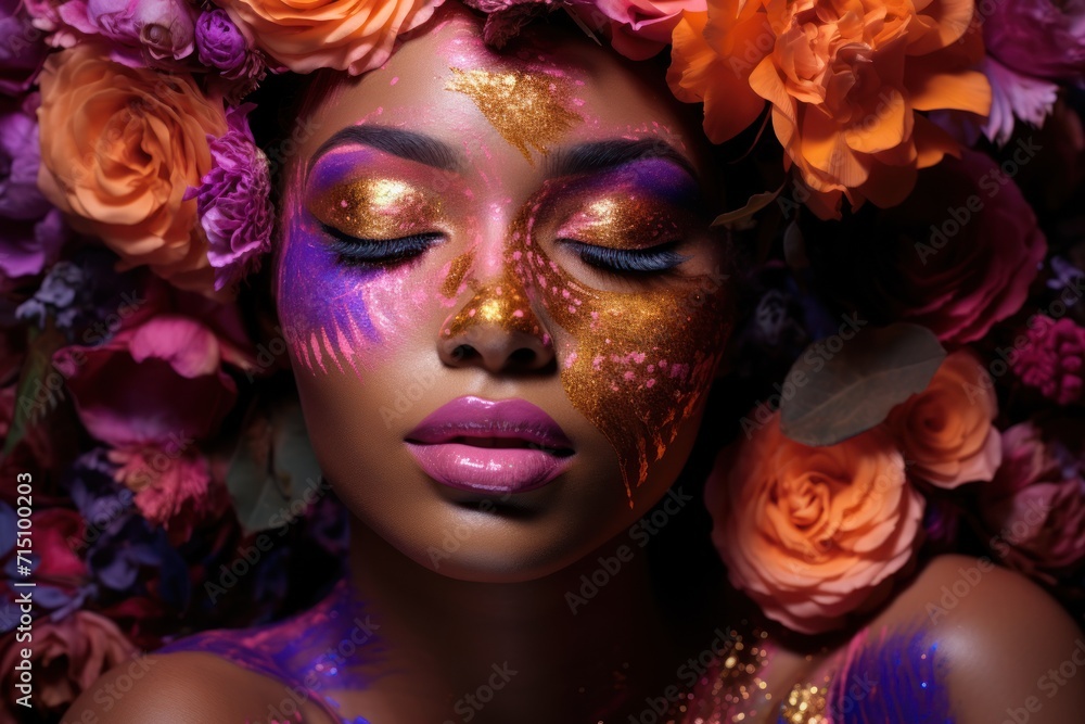 a close up of a woman with flowers on her head and her face painted purple, gold, and pink. a close up of a woman with flowers on her head and her face painted purple, gold, and pink.