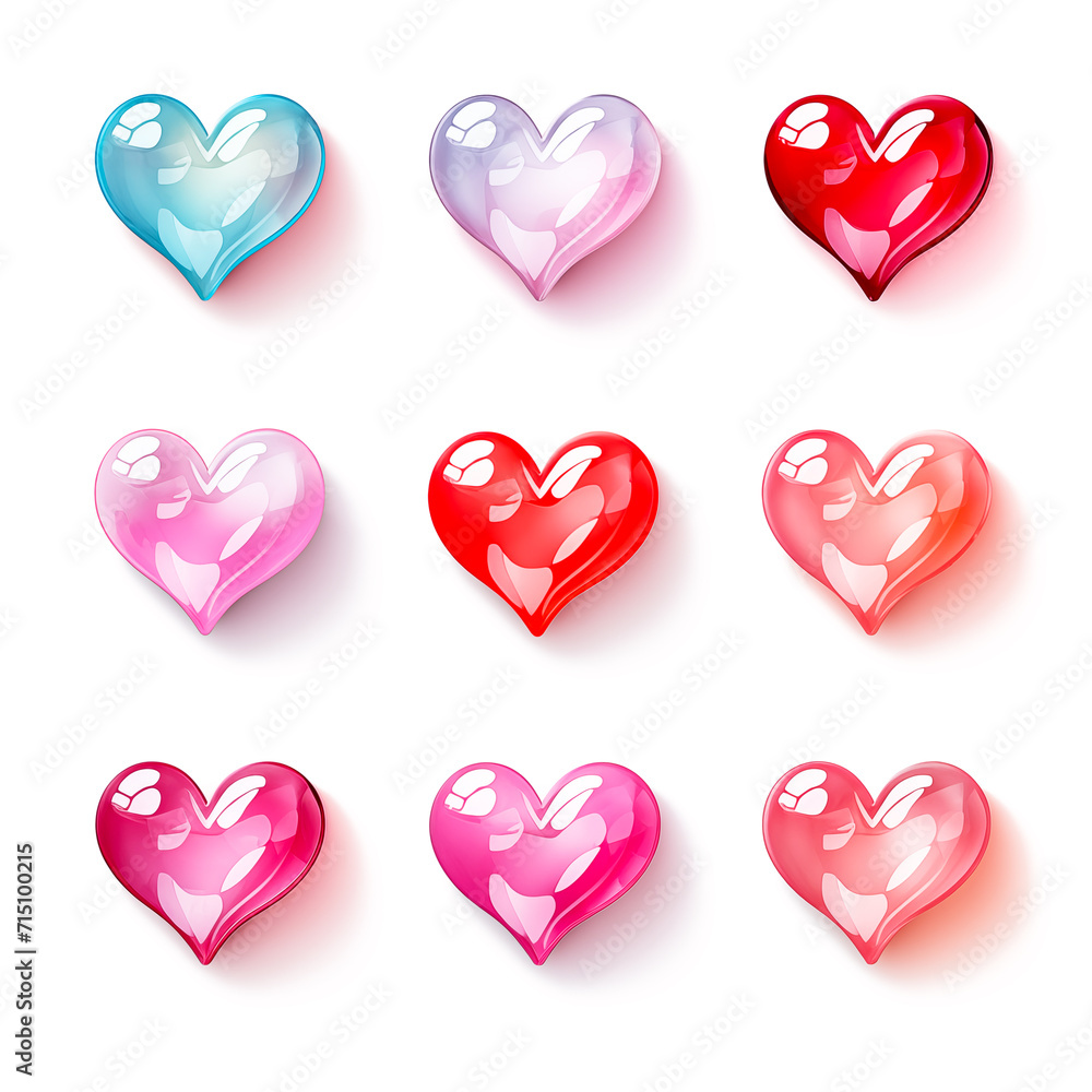 Set of different hearts with glares and shadow on white background