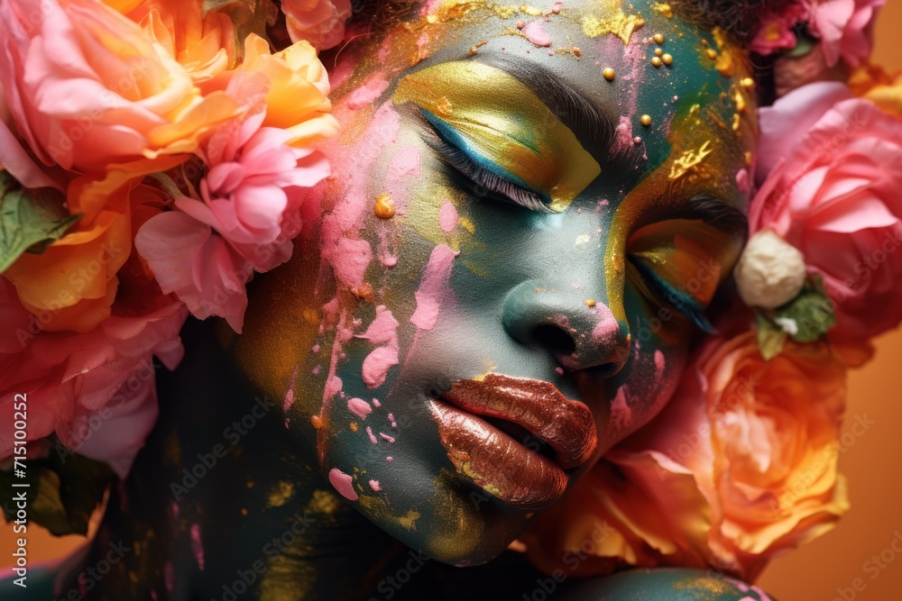 a close up of a woman's face with flowers on her head and face paint all over her body.