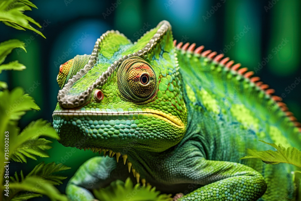 A green-colored chameleon in its natural habitat