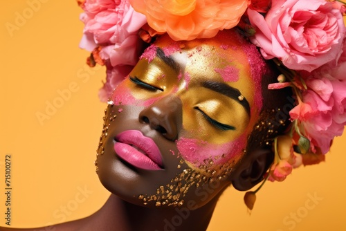  a close up of a woman with flowers on her head and a face painted with pink and gold glitters.