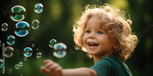 Happy boy blowing soap bubbles
