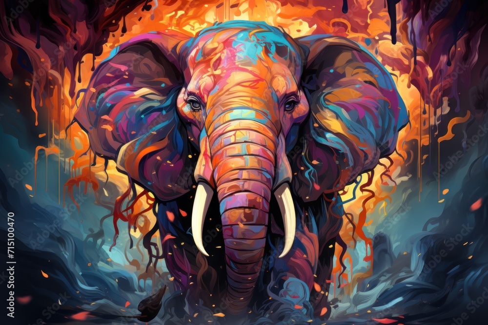 a colorful painting of an elephant with tusks and tusks on it's face and trunk. a colorful painting of an elephant with tusks and tusks on it's face and trunk.
