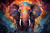  a colorful painting of an elephant with tusks and tusks on it's face and trunk.