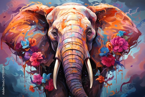  a painting of an elephant with flowers on it's trunk and tusks on it's head.
