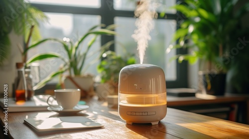 Humidifier working on table of freelancer workplace photo