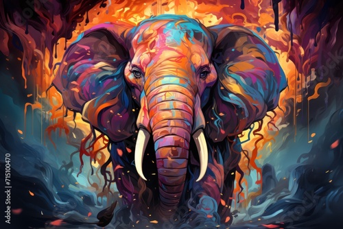  a colorful painting of an elephant with tusks and tusks on it's face and trunk.