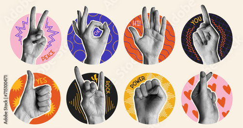 Set of different hand gestures. Thumbs up, hi, peace, love, ok and rock. Body language to express emotions. Stickers with palms. Cartoon flat vector illustrations isolated on white background