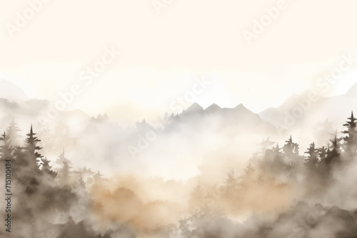  Watercolor Misty Landscape Background with Subtle Mountains, Creating a Quiet and Serene Atmosphere in Nature's Embrace. Muted Earth colors. 