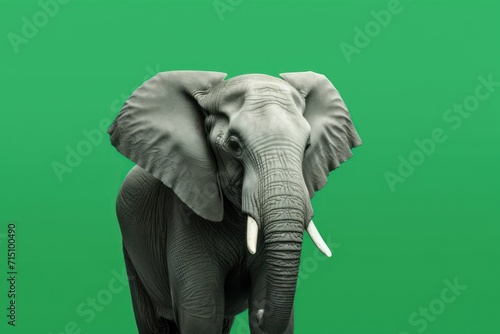  an elephant with tusks standing in front of a green background with a black and white photo of it's tusks.