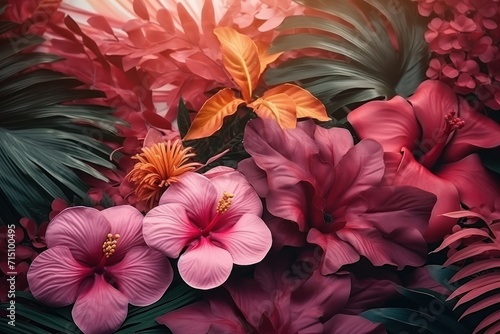  a close up of a bunch of flowers on a bed of green and pink leaves and flowers on a bed of red and pink flowers. © Nadia